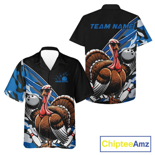 Custom Blue Camo Funny Turkey Bowling Team Shirt For Men And Women, Turkey Bowling Jerseys IPHW10549