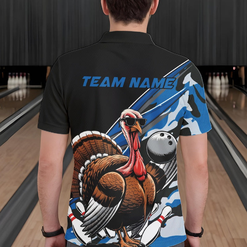 Custom Blue Camo Funny Turkey Bowling Team Shirt For Men, Turkey Bowling Jerseys IPHW10549