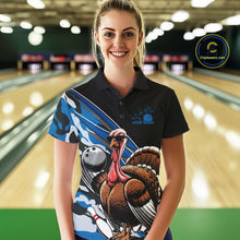 Load image into Gallery viewer, Custom Blue Camo Funny Turkey Bowling Team Shirt For Women, Turkey Bowling Jerseys IPHW10549