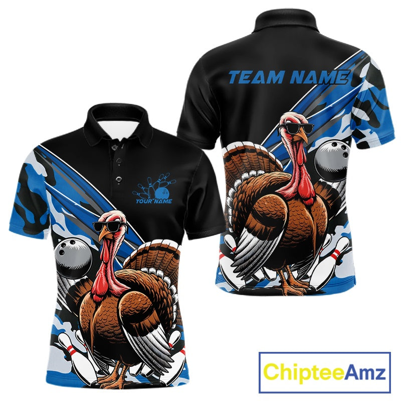 Custom Blue Camo Funny Turkey Bowling Team Shirt For Men, Turkey Bowling Jerseys IPHW10549