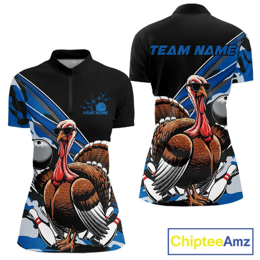 Custom Blue Camo Funny Turkey Bowling Team Shirt For Women, Turkey Bowling Jerseys IPHW10549