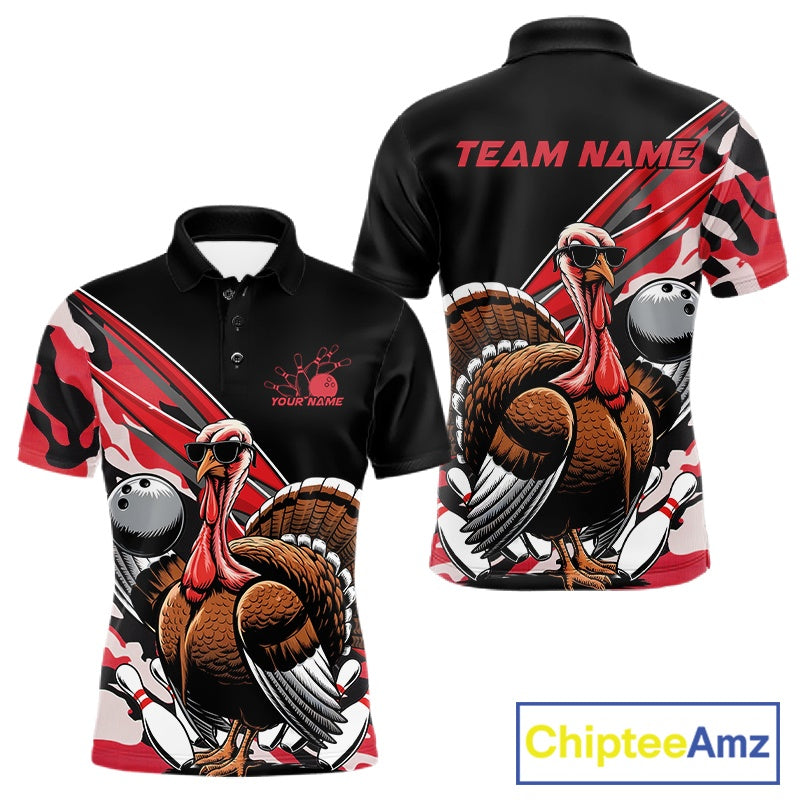 Custom Red Camo Funny Turkey Bowling Team Shirt For Men, Turkey Bowling Jerseys IPHW10550