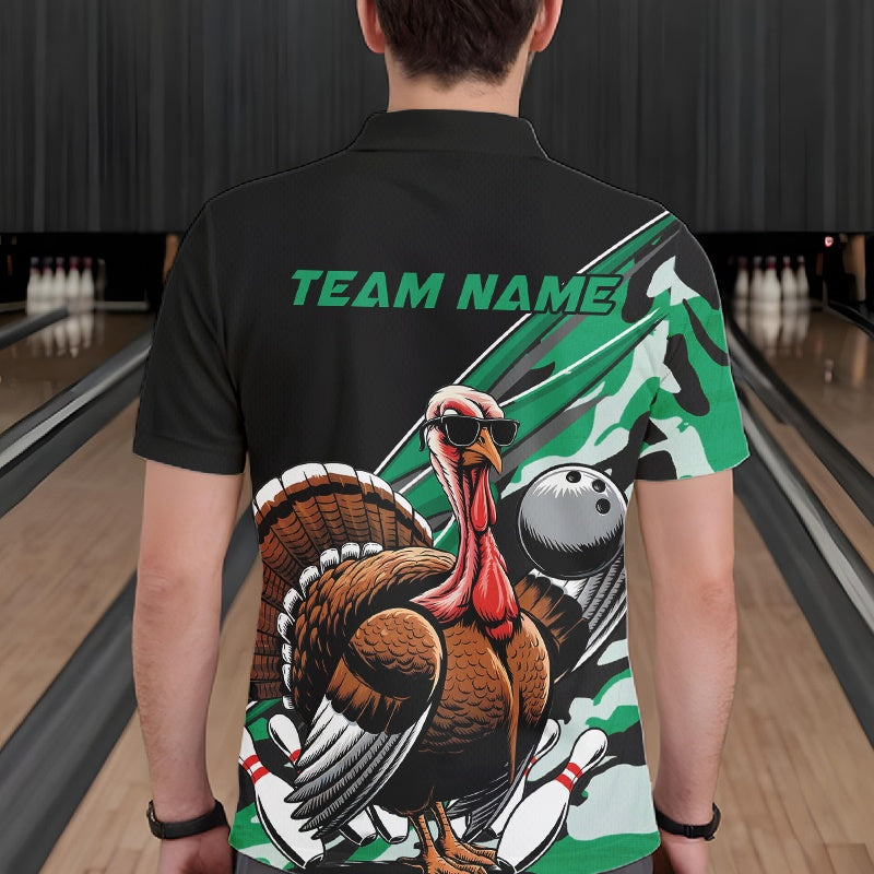 Custom Green Camo Funny Turkey Bowling Team Shirt For Men, Turkey Bowling Jerseys IPHW10551