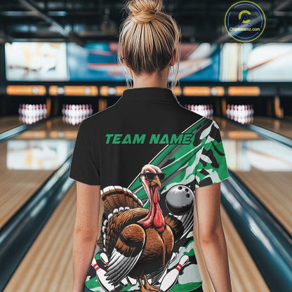 Custom Green Camo Funny Turkey Bowling Team Shirt For Women, Turkey Bowling Jerseys IPHW10551