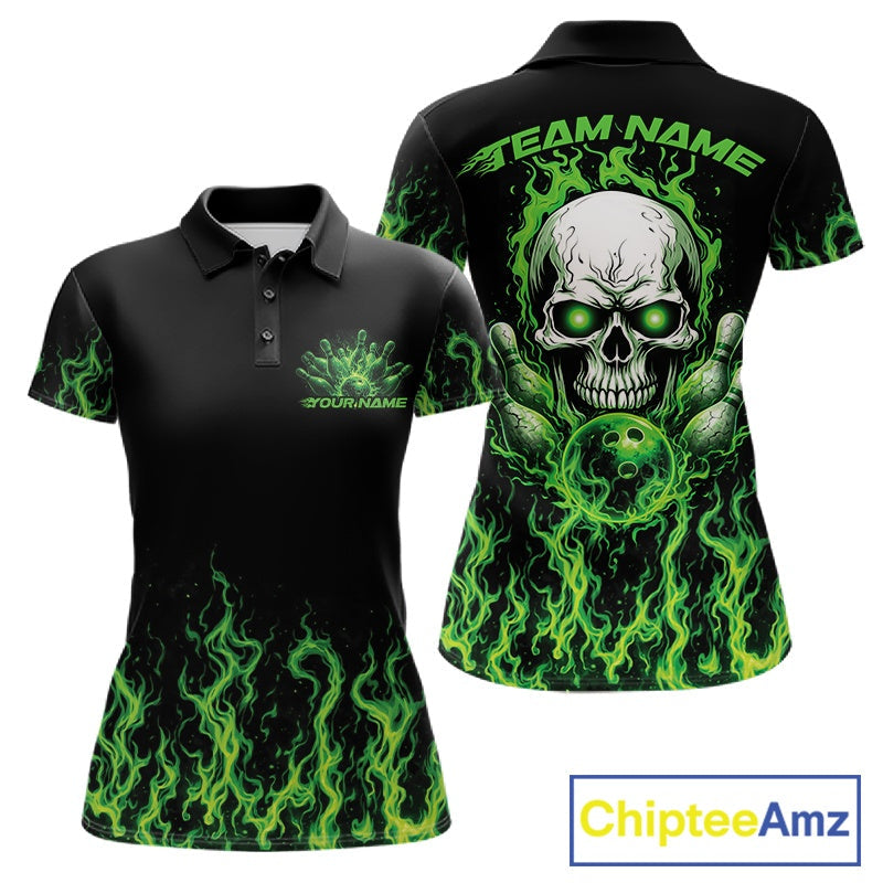 Custom Green Flame Skull Bowling Team Shirts For Women, Halloween Bowling Jerseys IPHW10552