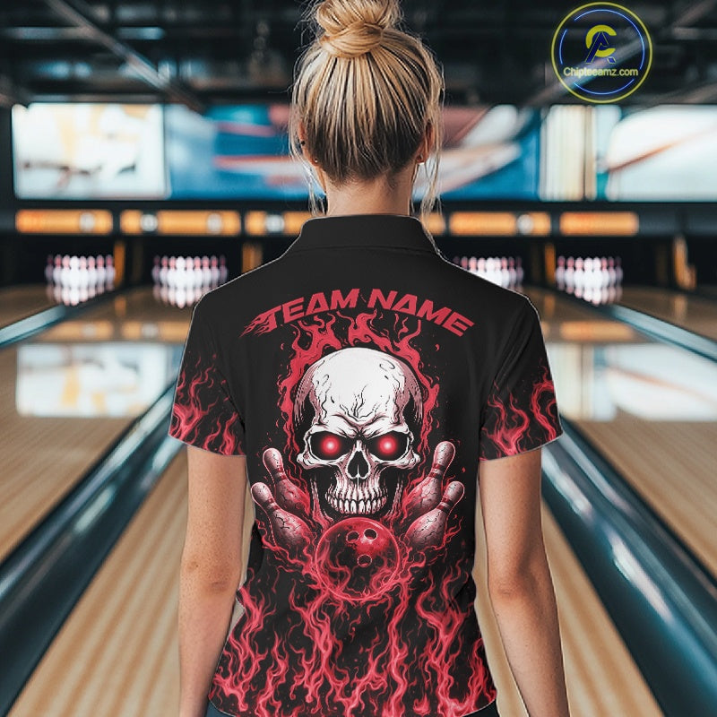 Custom Red Flame Skull Bowling Team Shirts For Women, Halloween Bowling Jerseys IPHW10553