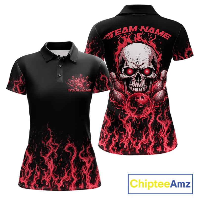 Custom Red Flame Skull Bowling Team Shirts For Women, Halloween Bowling Jerseys IPHW10553