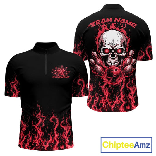 Custom Red Flame Skull Bowling Team Shirts For Men, Halloween Bowling Jerseys IPHW10553