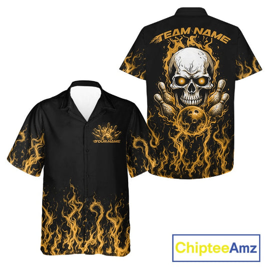 Custom Yellow Flame Skull Bowling Team Shirts For Men And Women, Halloween Bowling Jerseys IPHW10554