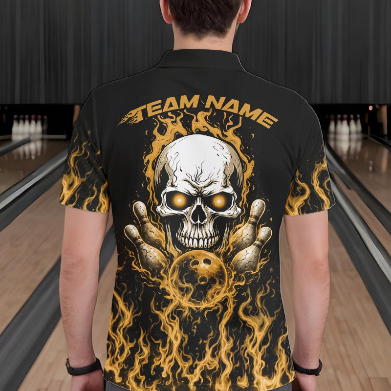 Custom Yellow Flame Skull Bowling Team Shirts For Men, Halloween Bowling Jerseys IPHW10554
