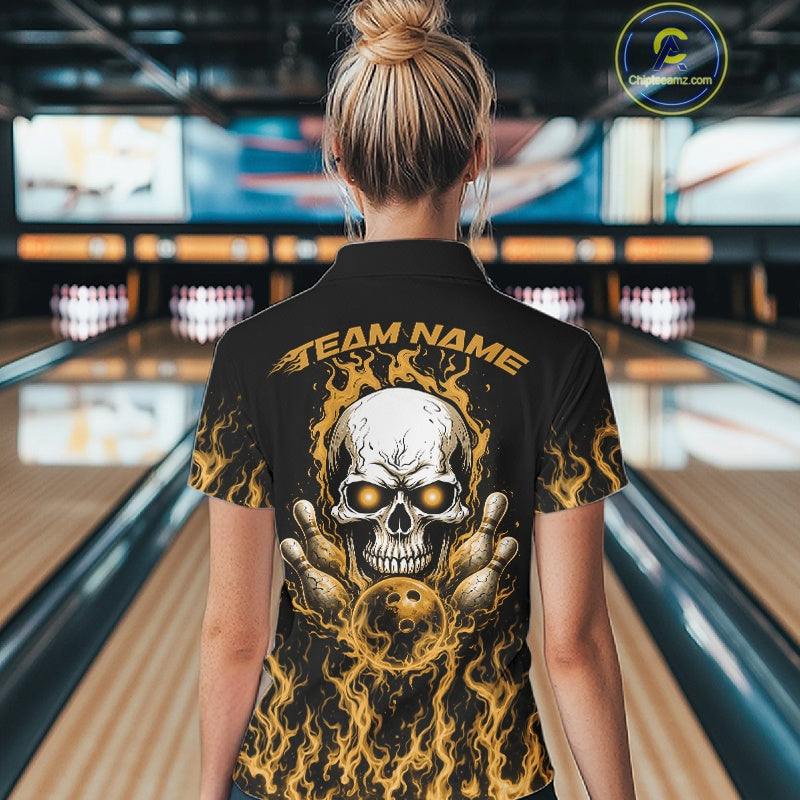 Custom Yellow Flame Skull Bowling Team Shirts For Women, Halloween Bowling Jerseys IPHW10554