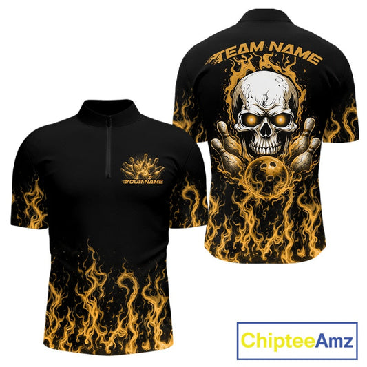 Custom Yellow Flame Skull Bowling Team Shirts For Men, Halloween Bowling Jerseys IPHW10554