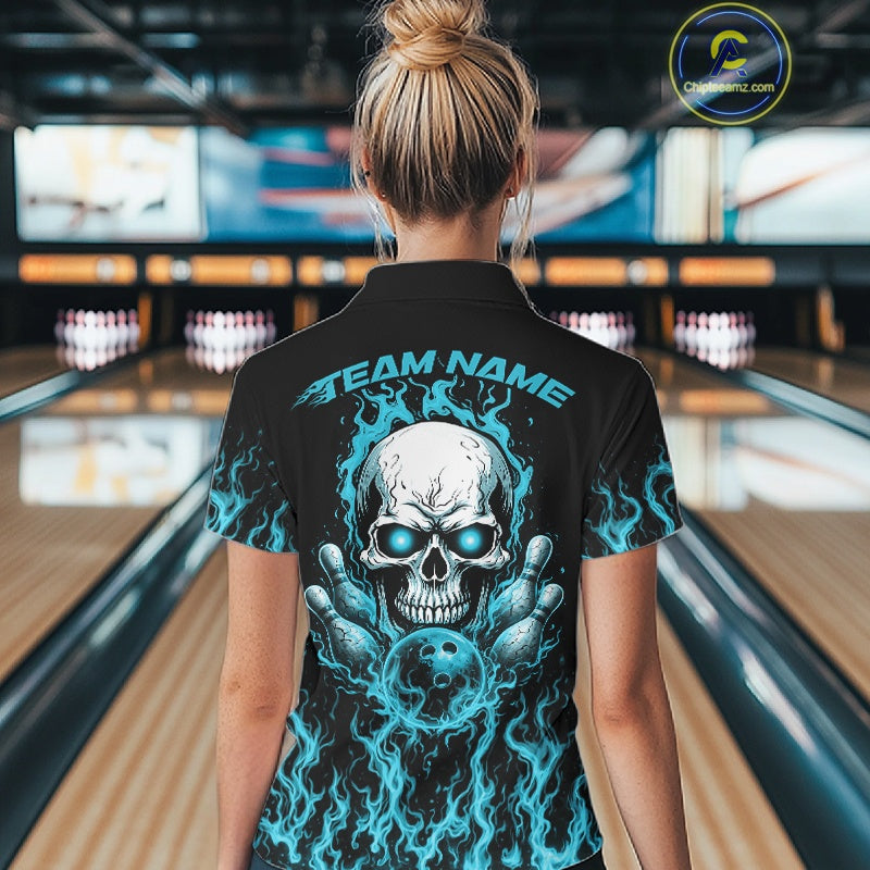 Custom Blue Flame Skull Bowling Team Shirts For Women, Halloween Bowling Jerseys IPHW10555