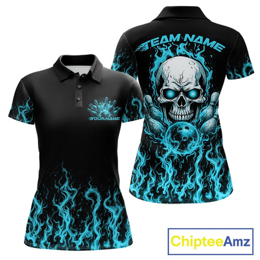 Custom Blue Flame Skull Bowling Team Shirts For Women, Halloween Bowling Jerseys IPHW10555