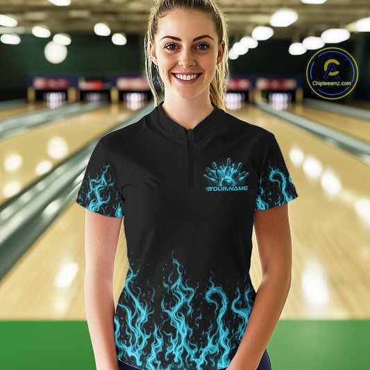 Custom Blue Flame Skull Bowling Team Shirts For Women, Halloween Bowling Jerseys IPHW10555