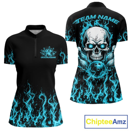 Custom Blue Flame Skull Bowling Team Shirts For Women, Halloween Bowling Jerseys IPHW10555