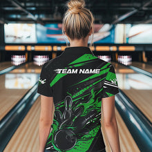 Load image into Gallery viewer, Custom Black And Green Flame Women Bowling Polo Shirt, Fire Bowling Ball Bowling Team Shirt IPHW8699