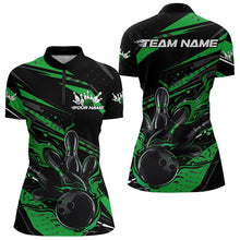 Load image into Gallery viewer, Custom Black And Green Flame Women Bowling Quarter-Zip Shirts, Fire Bowling Ball Team Shirt IPHW8699