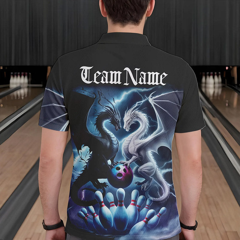 Custom Blue Lightning Black And White Dragons Bowling Polo Shirts For Men Bowlers Outfit IPHW8957