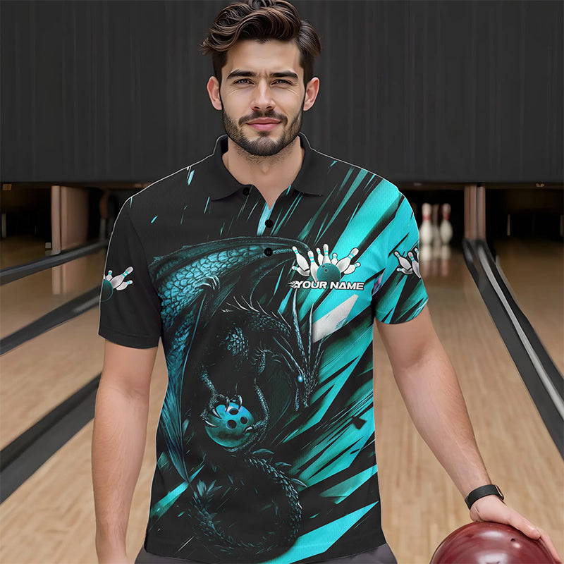 Black And Blue Custom Dragon Bowling Team Polo Shirts For Men, Bowling League Shirt IPHW8968