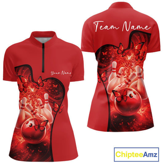 Custom Red Butterfly Bowling Women Team Quarter-Zip Shirt, Ladies Bowlers Outfit IPHW11357