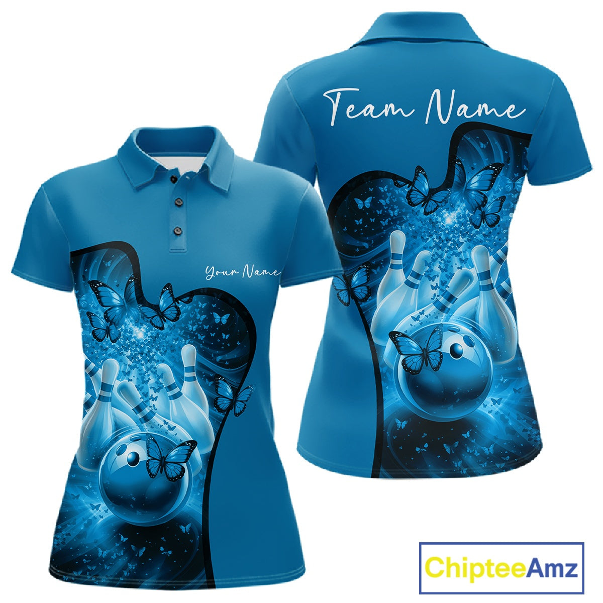 Front and back view of a blue women s bowling polo shirt mockup with butterfly artwork and bowling graphics.