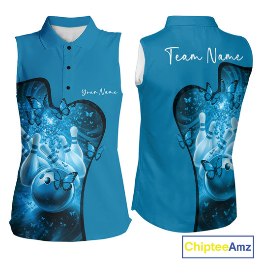Custom Blue Butterfly Bowling Women Team Sleeveless Polo Shirt, Ladies Bowlers Outfit IPHW11358