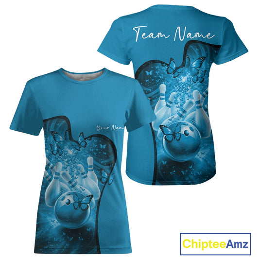 Custom Blue Butterfly Bowling Women Team T-Shirts, Ladies Bowlers Outfit IPHW11358