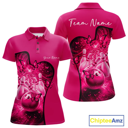 Front and back mockup of a womens pink bowling polo showcasing butterfly graphics and vibrant bowling-themed artwork