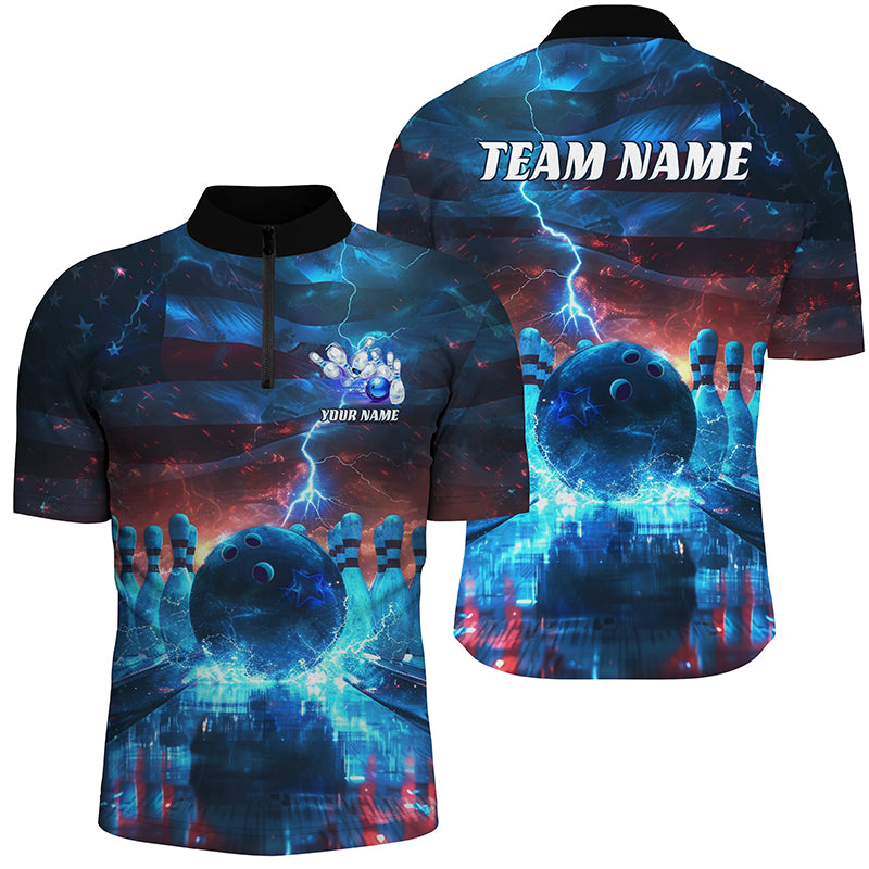 Blue Lightning Patriotic American Flag Custom Bowling Team Shirts For Men And Women IPHW6675