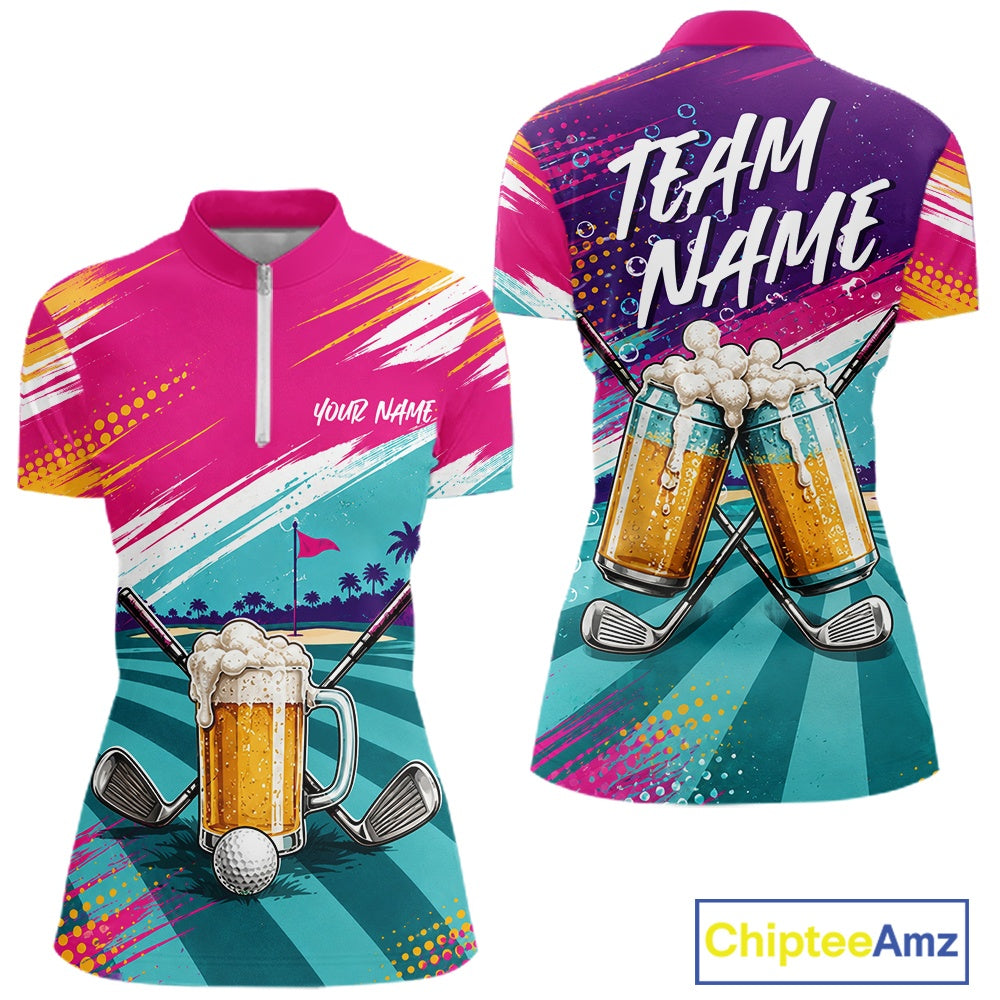 Custom Colorful Golf And Beer Women Quarter-Zip Shirts, Golf Team Apparel IPHW11670