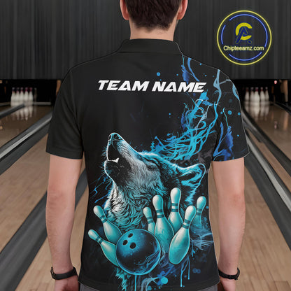 Custom Blue Wolf Howling Men Polo Shirt, Wolf Bowling Team Jerseys IPHW10158