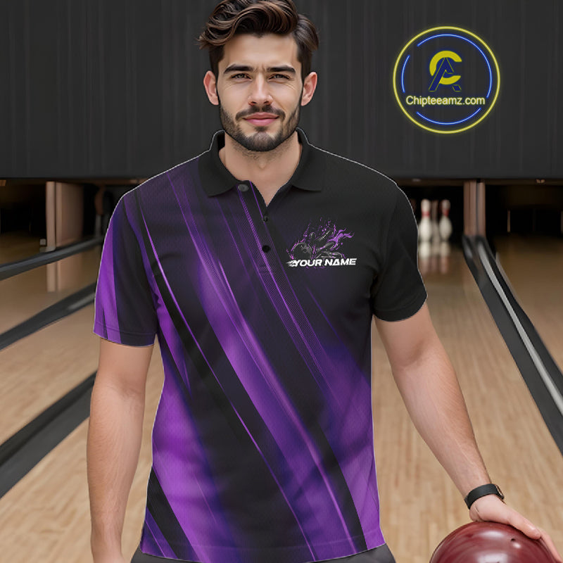 Custom Black And Purple Gradient Flame Bowling Team Jerseys, Fire Bowling Shirt For Men IPHW10572