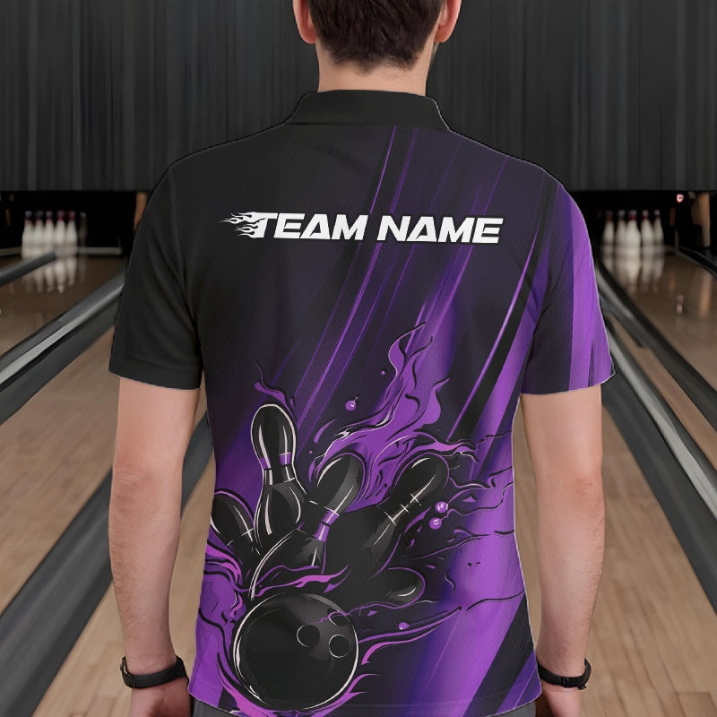 Custom Black And Purple Gradient Flame Bowling Team Jerseys, Fire Bowling Shirt For Men IPHW10572