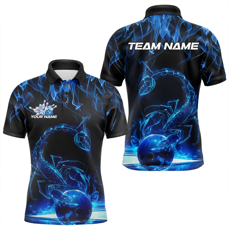 Custom Black And Blue Flame Scorpio Zodiac Bowling Men Polo Shirts, Scorpion Bowling Team IPHW8969