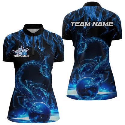 Custom Black Blue Flame Scorpio Zodiac Bowling Women Quarter-Zip Shirt, Scorpion Bowling IPHW8969