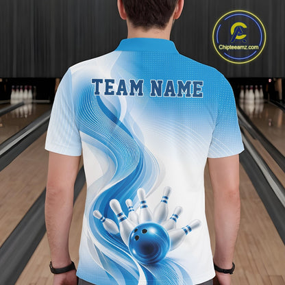 Back view of a male model wearing a white and blue bowling polo shirt featuring flowing wave artwork and a glossy bowling strike graphic in a bowling alley