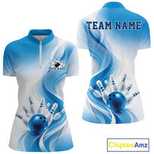 Load image into Gallery viewer, Front and back mockup of a womens white and blue bowling quarter zip with flowing abstract wave graphics and glossy bowling strike artwork