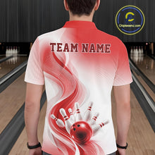 Load image into Gallery viewer, Back view of a male model wearing a white and red bowling polo with flowing abstract wave graphics and a glossy bowling ball striking pins in a bowling alley