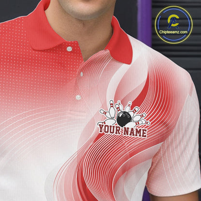 Detailed close-up of a white and red bowling polo shirt highlighting abstract wave accents and a glossy bowling action scene