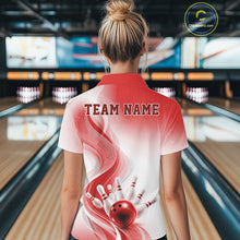 Load image into Gallery viewer, White and red bowling polo shirt displayed from the back on a female model, featuring flowing patterns and a bowling strike illustration