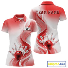 Load image into Gallery viewer, Front and back mockup of a womens white and red bowling polo featuring flowing abstract wave graphics and a glossy bowling ball knocking down pins