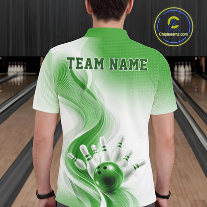 Back view of a male model in a white and green bowling polo shirt featuring dynamic wave graphics and bowling pin artwork