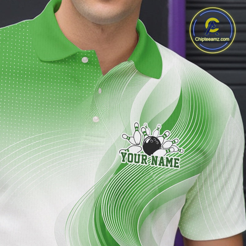 Close-up of a white and green bowling polo shirt highlighting curved wave patterns and a glossy bowling ball illustration