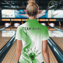 Load image into Gallery viewer, Back view of a female model wearing a white and green bowling polo shirt showcasing flowing linework and a bowling action scene