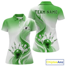 Load image into Gallery viewer, Front and back mockup of a womens white and green bowling polo with flowing abstract wave artwork and glossy bowling action graphics