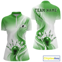 Load image into Gallery viewer, Front and back mockup of a womens white and green bowling quarter zip featuring flowing wave artwork and glossy bowling action graphics