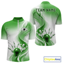Load image into Gallery viewer, Mens white and green bowling quarter zip mockup shown from front and back with flowing wave graphics and a glossy bowling ball striking pins