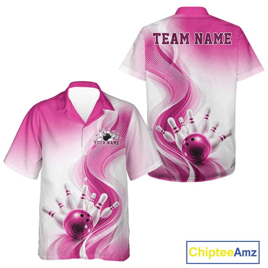 Front and back button-up bowling shirt mockup in white and pink featuring flowing wave artwork and a glossy bowling ball knocking down pins