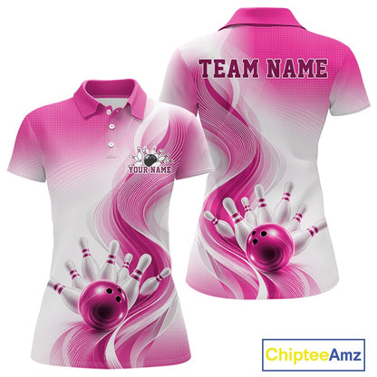 Front and back mockup of a womens white and pink bowling polo shirt with flowing abstract wave artwork and glossy bowling strike graphics
